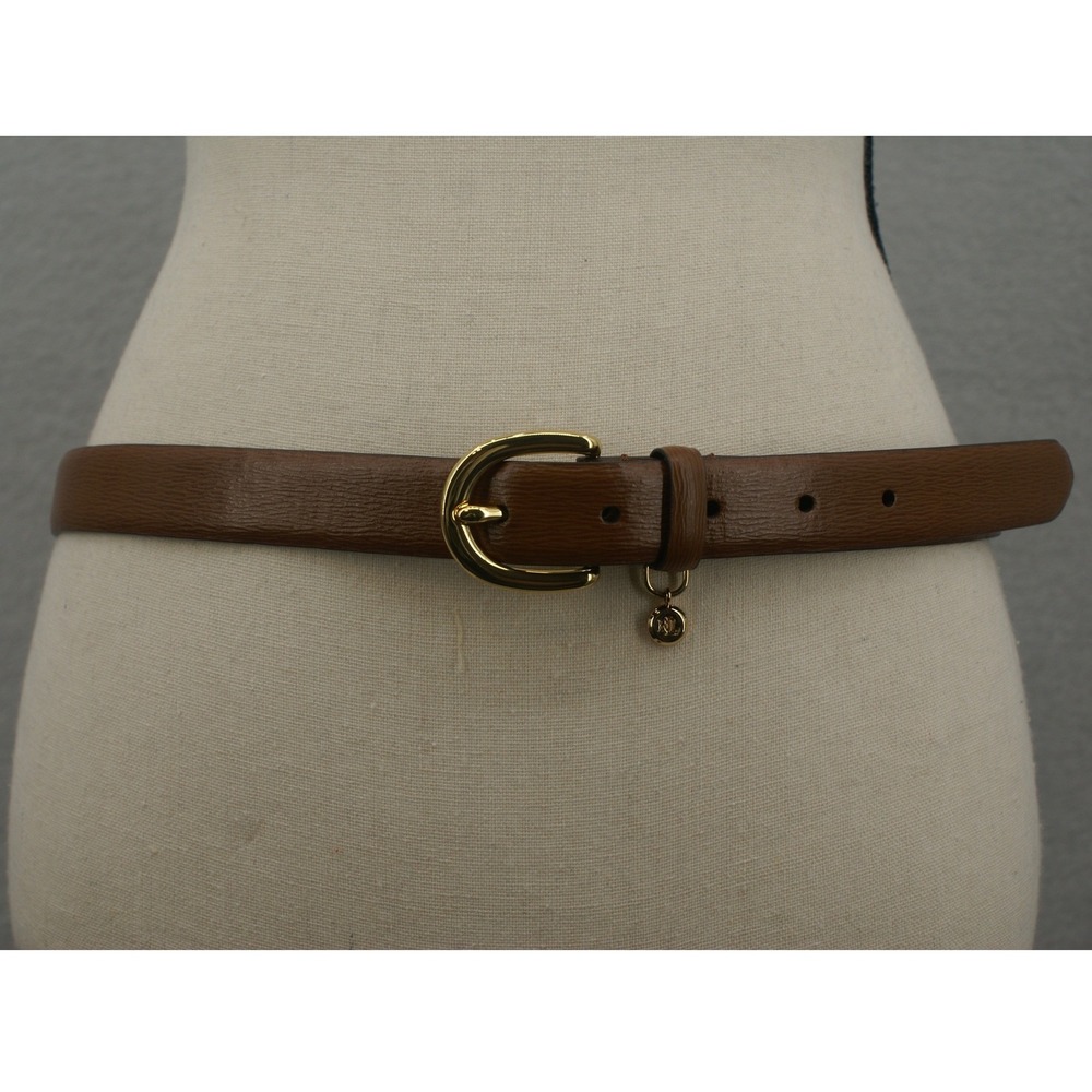 Lauren Ralph Lauren Womens Tan Brown Skinny Belt Gold Horseshoe Buckle RLL Charm